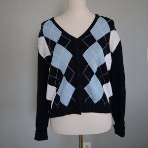 John Galt Blue & White Argyle Knit Button-Up Cardigan – One Size